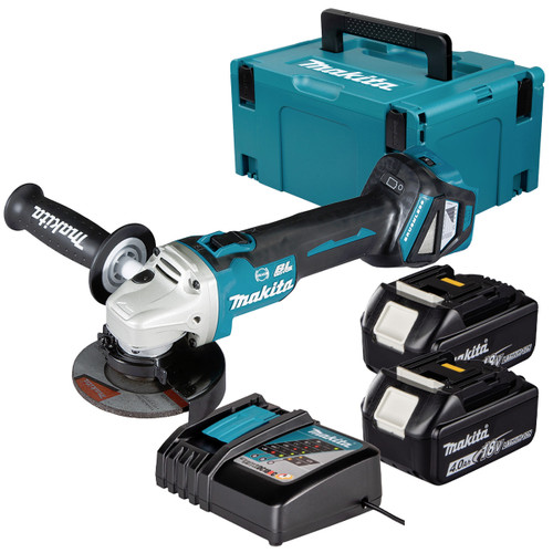 Makita DGA463Z LXT 18V Brushless 115mm Angle Grinder with 2x 4.0Ah Batteries, Charger and Makpac Carry Case
