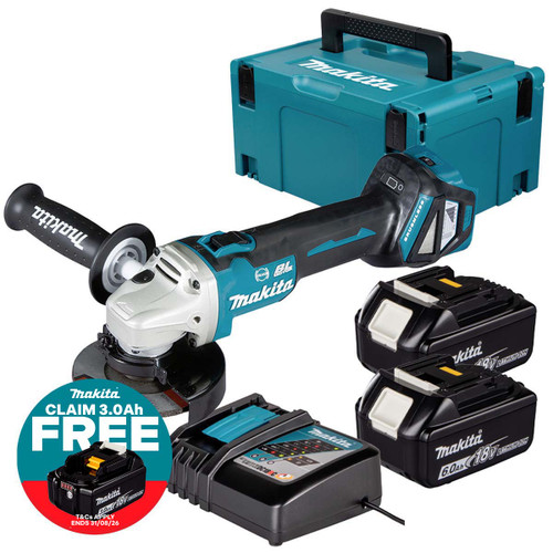 Makita DGA463Z LXT 18V Brushless 115mm Angle Grinder with 2x 6.0Ah Batteries, Charger and Makpac Carry Case