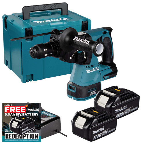 Makita DHR243Z 18V LXT 24mm Brushless SDS+ Rotary Hammer with 2x 3.0Ah Batteries, Charger and Makpac Carry Case