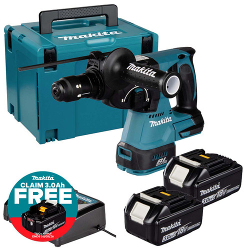 Makita DHR243Z 18V LXT 24mm Brushless SDS+ Rotary Hammer with 2x 3.0Ah Batteries, Charger and Makpac Carry Case