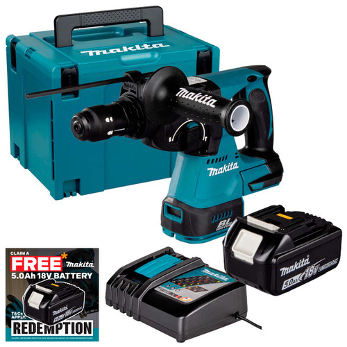 Makita DHR243Z 18V LXT 24mm Brushless SDS+ Rotary Hammer with 1x 5.0Ah Battery, Charger and Makpac Carry Case