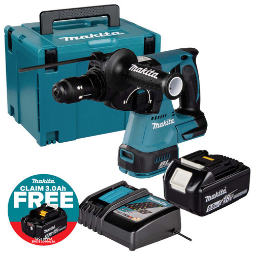Makita DHR243Z 18V LXT 24mm Brushless SDS+ Rotary Hammer with 1x 5.0Ah Battery, Charger and Makpac Carry Case
