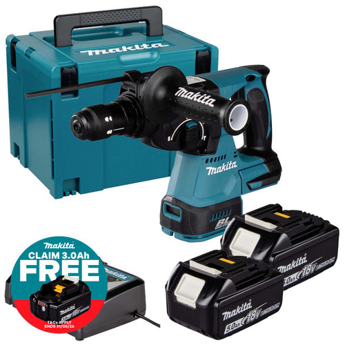 Makita DHR243Z 18V LXT 24mm Brushless SDS+ Rotary Hammer with 2x 5.0Ah Batteries, Charger and Makpac Carry Case