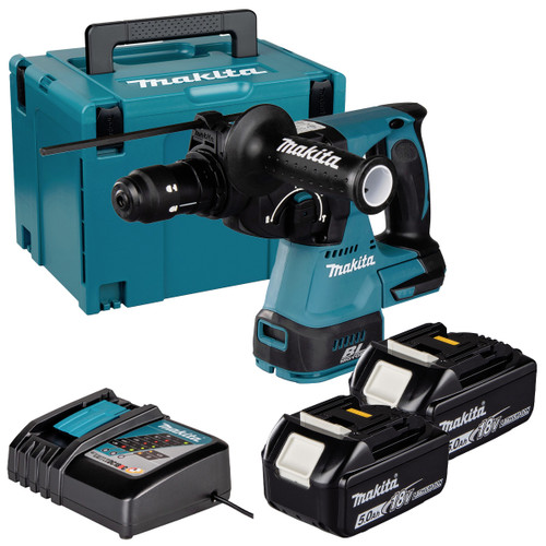 Makita DHR243Z 18V LXT 24mm Brushless SDS+ Rotary Hammer with 2x 5.0Ah Batteries, Charger and Makpac Carry Case