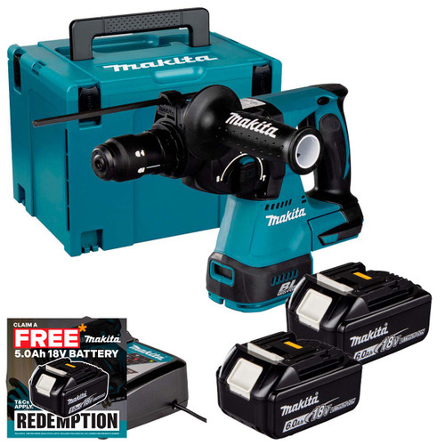 Makita DHR243Z 18V LXT 24mm Brushless SDS+ Rotary Hammer with 2x 6.0Ah Batteries, Charger and Makpac Carry Case