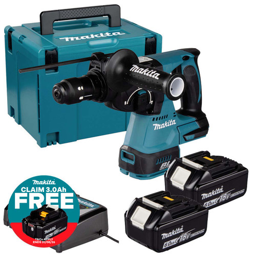 Makita DHR243Z 18V LXT 24mm Brushless SDS+ Rotary Hammer with 2x 6.0Ah Batteries, Charger and Makpac Carry Case