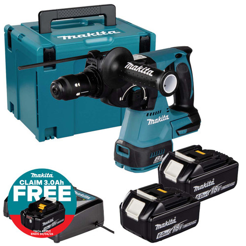 Makita DHR243Z 18V LXT 24mm Brushless SDS+ Rotary Hammer with 2x 6.0Ah Batteries, Charger and Makpac Carry Case