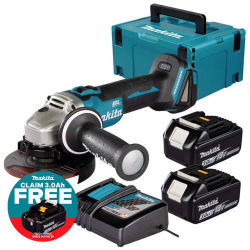 Makita DGA504Z 18V LXT Brushless 125mm Angle Grinder with 2x 3.0Ah Batteries, Charger and Makpac Carry Case