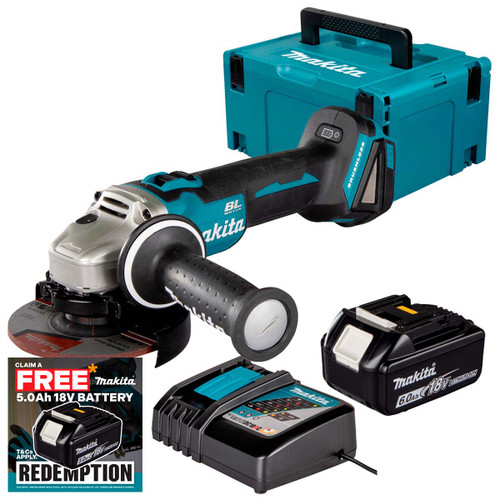Makita DGA504Z 18V LXT Brushless 125mm Angle Grinder with 1x 6.0Ah Battery, Charger and Makpac Carry Case