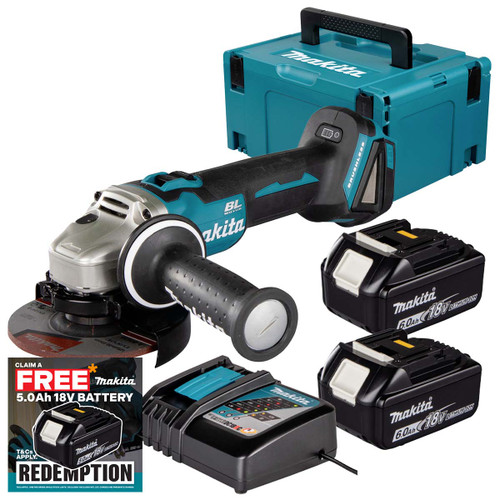 Makita DGA504Z 18V LXT Brushless 125mm Angle Grinder with 2x 6.0Ah Batteries, Charger and Makpac Carry Case