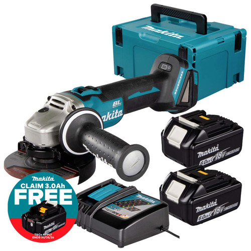 Makita DGA504Z 18V LXT Brushless 125mm Angle Grinder with 2x 6.0Ah Batteries, Charger and Makpac Carry Case