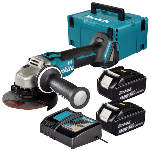Makita DGA504Z 18V LXT Brushless 125mm Angle Grinder with 2x 6.0Ah Batteries, Charger and Makpac Carry Case