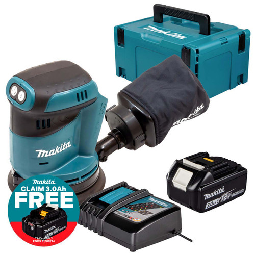 Makita DBO180Z 18V LXT 125mm Random Orbit Sander with 1x 3.0Ah Battery, Charger and Makpac Carry Case