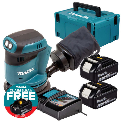 Makita DBO180Z 18V LXT 125mm Random Orbit Sander with 2x 3.0Ah Batteries, Charger and Makpac Carry Case
