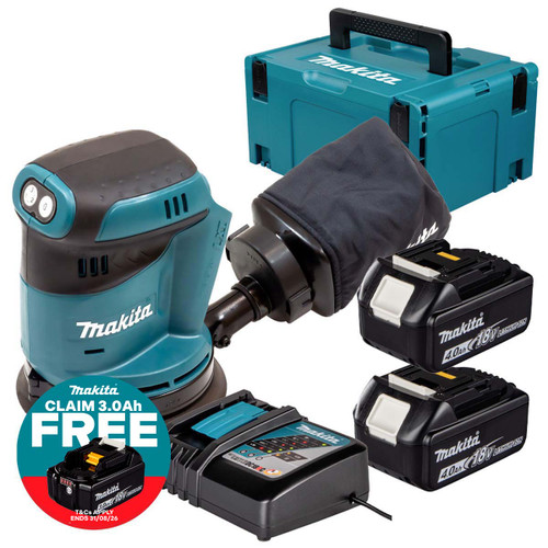 Makita DBO180Z 18V LXT 125mm Random Orbit Sander with 2x 4.0Ah Batteries, Charger and Makpac Carry Case