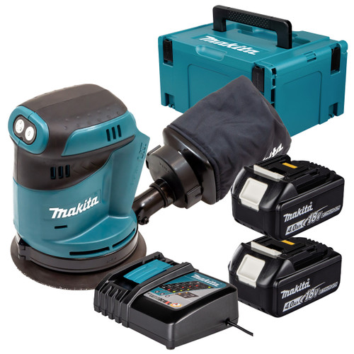 Makita DBO180Z 18V LXT 125mm Random Orbit Sander with 2x 4.0Ah Batteries, Charger and Makpac Carry Case