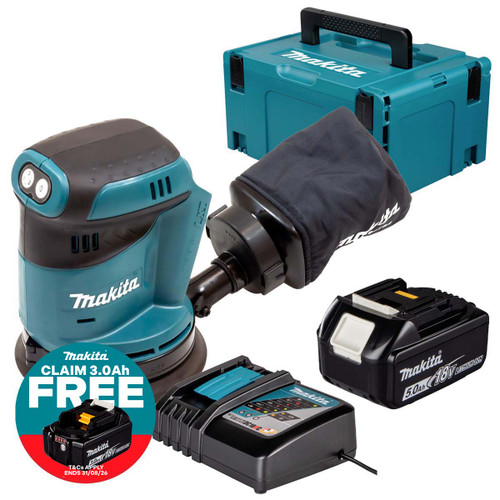 Makita DBO180Z 18V LXT 125mm Random Orbit Sander with 1x 5.0Ah Battery, Charger and Makpac Carry Case