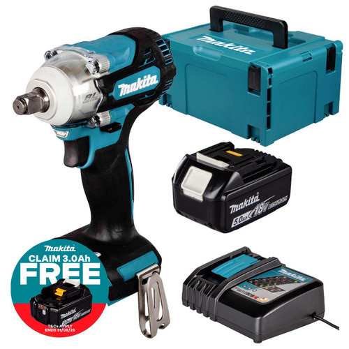 Makita DTW300Z LXT 18V Brushless 1/2" Impact Wrench with 1x 5.0Ah Battery, Charger and Makpac Carry Case