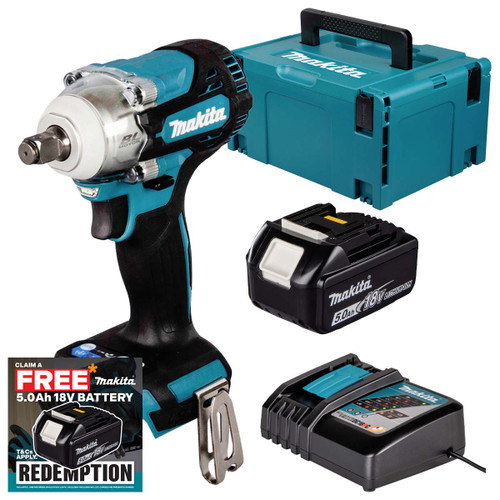Makita DTW300Z LXT 18V Brushless 1/2" Impact Wrench with 1x 5.0Ah Battery, Charger and Makpac Carry Case