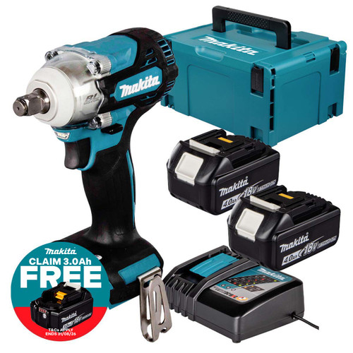 Makita DTW300Z LXT 18V Brushless 1/2" Impact Wrench with 2x 4.0Ah Batteries, Charger and Makpac Carry Case