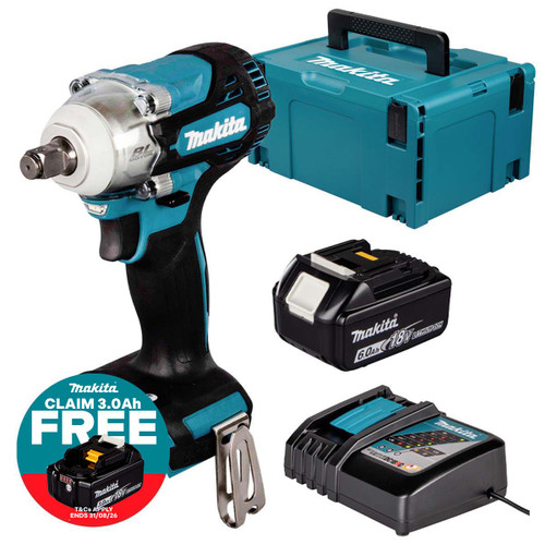 Makita DTW300Z LXT 18V Brushless 1/2" Impact Wrench with 1x 6.0Ah Battery, Charger and Makpac Carry Case