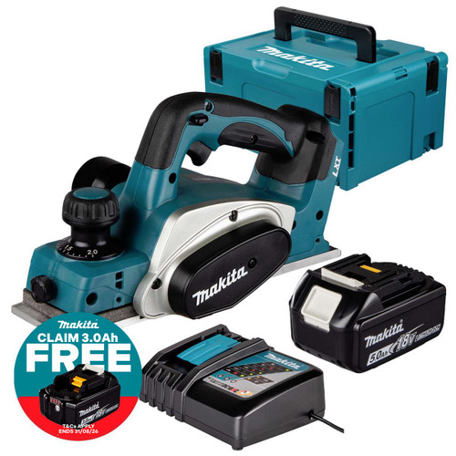 Makita DKP180Z LXT 18V Cordless 82mm Planer with 1x 5.0Ah Battery, Charger and Makpac Carry Case