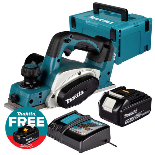 Makita DKP180Z LXT 18V Cordless 82mm Planer with 1x 5.0Ah Battery, Charger and Makpac Carry Case