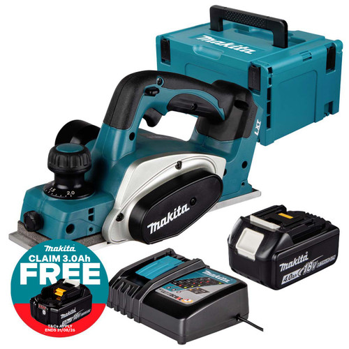 Makita DKP180Z LXT 18V Cordless 82mm Planer with 1x 4.0Ah Battery, Charger and Makpac Carry Case