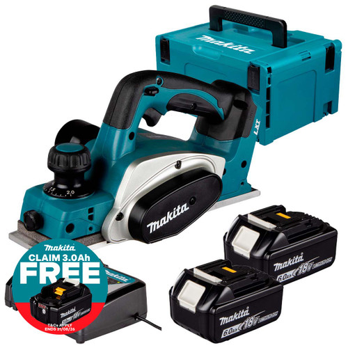 Makita DKP180Z LXT 18V Cordless 82mm Planer with 2x 6.0Ah Batteries, Charger and Makpac Carry Case