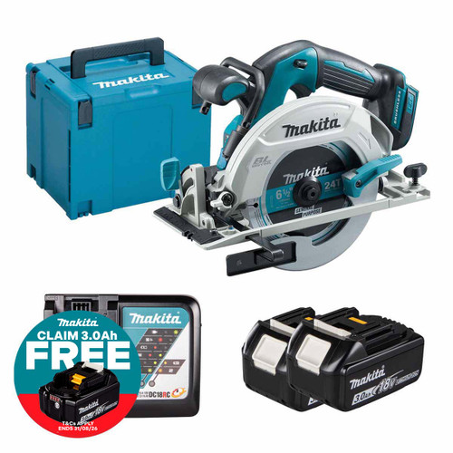Makita DHS680Z LXT 18V Brushless 165mm Circular Saw with 2x 3.0Ah Batteries, Charger and Makpac Carry Case