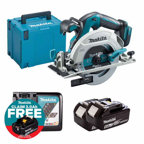 Makita DHS680Z LXT 18V Brushless 165mm Circular Saw with 2x 5.0Ah Batteries, Charger and Makpac Carry Case