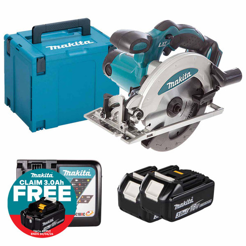 Makita DSS610Z LXT 18V Cordless 165mm Circular Saw with 2x 3.0Ah Batteries, Charger and Makpac Carry Case