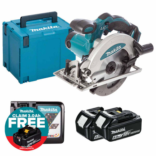 Makita DSS610Z LXT 18V Cordless 165mm Circular Saw with 2x 6.0Ah Batteries, Charger and Makpac Carry Case