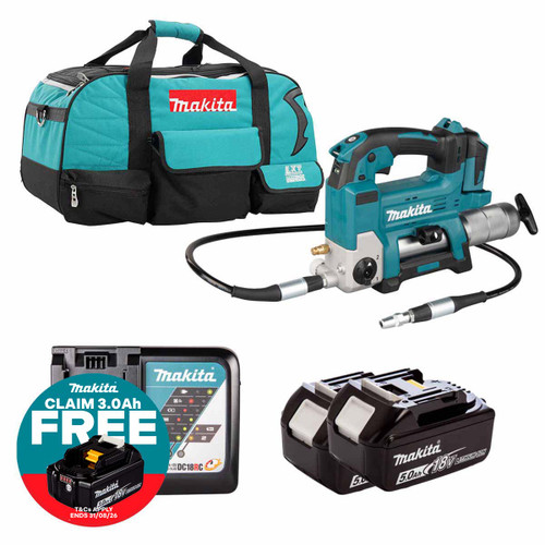 Makita DGP180Z LXT 18V Grease Gun with 2x 5.0Ah Batteries, Charger and Heavy Duty Tool Bag