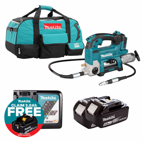 Makita DGP180Z LXT 18V Grease Gun with 2x 5.0Ah Batteries, Charger and Heavy Duty Tool Bag