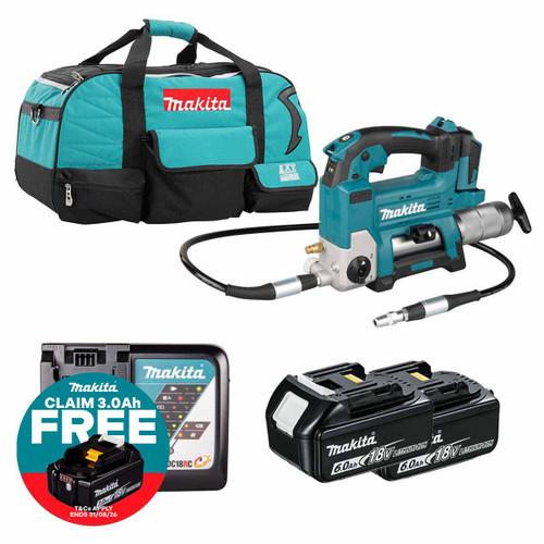 Makita DGP180Z LXT 18V Grease Gun with 2x 6.0Ah Batteries, Charger and Heavy Duty Tool Bag