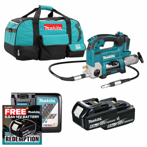 Makita DGP180Z LXT 18V Grease Gun with 2x 6.0Ah Batteries, Charger and Heavy Duty Tool Bag