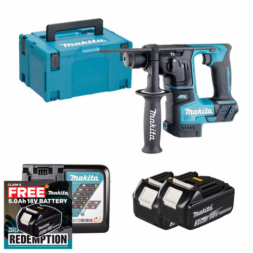 Makita DHR171Z 18V LXT Brushless 17mm SDS+ Rotary Hammer with 2x 3.0Ah Batteries, Charger and Makpac Carry Case