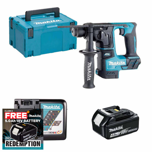Makita DHR171Z 18V LXT Brushless 17mm SDS+ Rotary Hammer with 1x 4.0Ah Battery, Charger and Makpac Carry Case