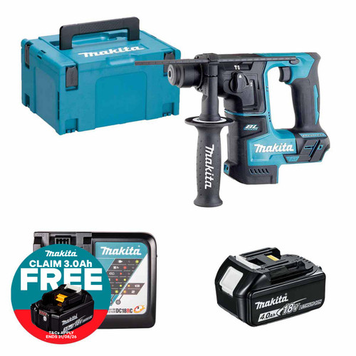 Makita DHR171Z 18V LXT Brushless 17mm SDS+ Rotary Hammer with 1x 4.0Ah Battery, Charger and Makpac Carry Case