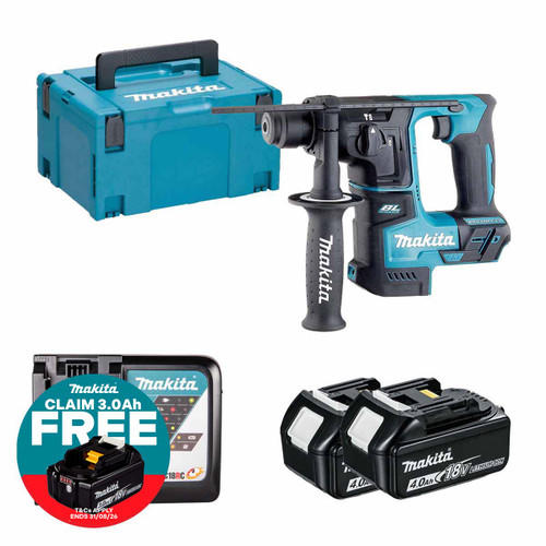Makita DHR171Z 18V LXT Brushless 17mm SDS+ Rotary Hammer with 2x 4.0Ah Batteries, Charger and Makpac Carry Case