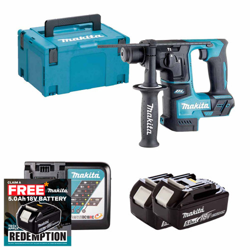 Makita DHR171Z 18V LXT Brushless 17mm SDS+ Rotary Hammer with 2x 5.0Ah Batteries, Charger and Makpac Carry Case