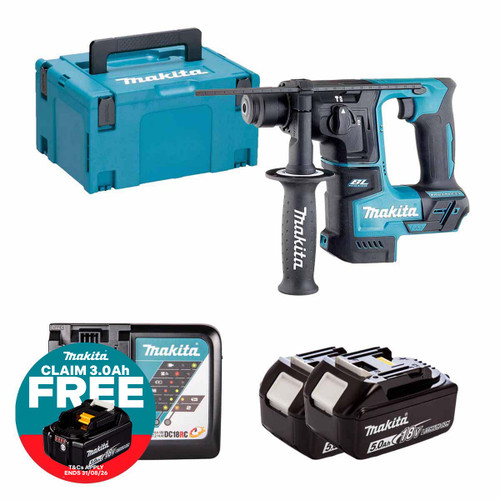 Makita DHR171Z 18V LXT Brushless 17mm SDS+ Rotary Hammer with 2x 5.0Ah Batteries, Charger and Makpac Carry Case