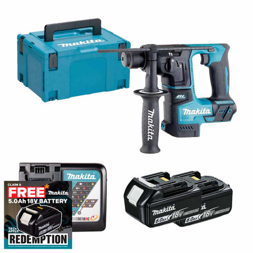 Makita DHR171Z 18V LXT Brushless 17mm SDS+ Rotary Hammer with 2x 6.0Ah Batteries, Charger and Makpac Carry Case