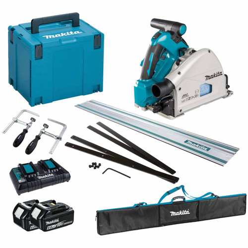 Makita DSP600ZJ Twin 18V LXT 165mm Cordless Plunge Saw with 2x 6.0Ah Batteries, Charger, Makpac Case and 1.5m Guide Rail with Accessories