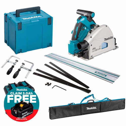 Makita DSP600ZJ Twin 18V LXT 165mm Cordless Plunge Saw with 2x 6.0Ah Batteries, Charger, Makpac Case and 1m Guide Rail with Accessories