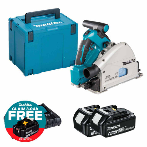 Makita DSP600ZJ Twin 18V LXT 165mm Cordless Plunge Saw with 2x 6.0Ah Batteries, Charger and Makpac Carry Case