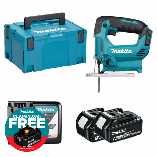 Makita DJV186Z LXT 18V Cordless Jigsaw with 2x 6.0Ah Batteries, Charger and Makpac Carry Case