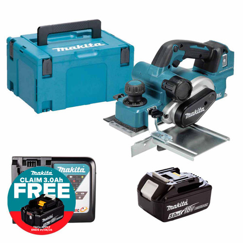 Makita DKP181Z LXT 18V Brushless 82mm Planer with 1x 5.0Ah Battery, Charger and Makpac Carry Case