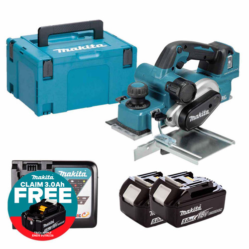 Makita DKP181Z LXT 18V Brushless 82mm Planer with 2x 5.0Ah Batteries, Charger and Makpac Carry Case